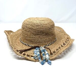 Womens Wide Brim Straw Sun Hat Tan Blue Stone Chip Accent Boho Beach Floppy Hat